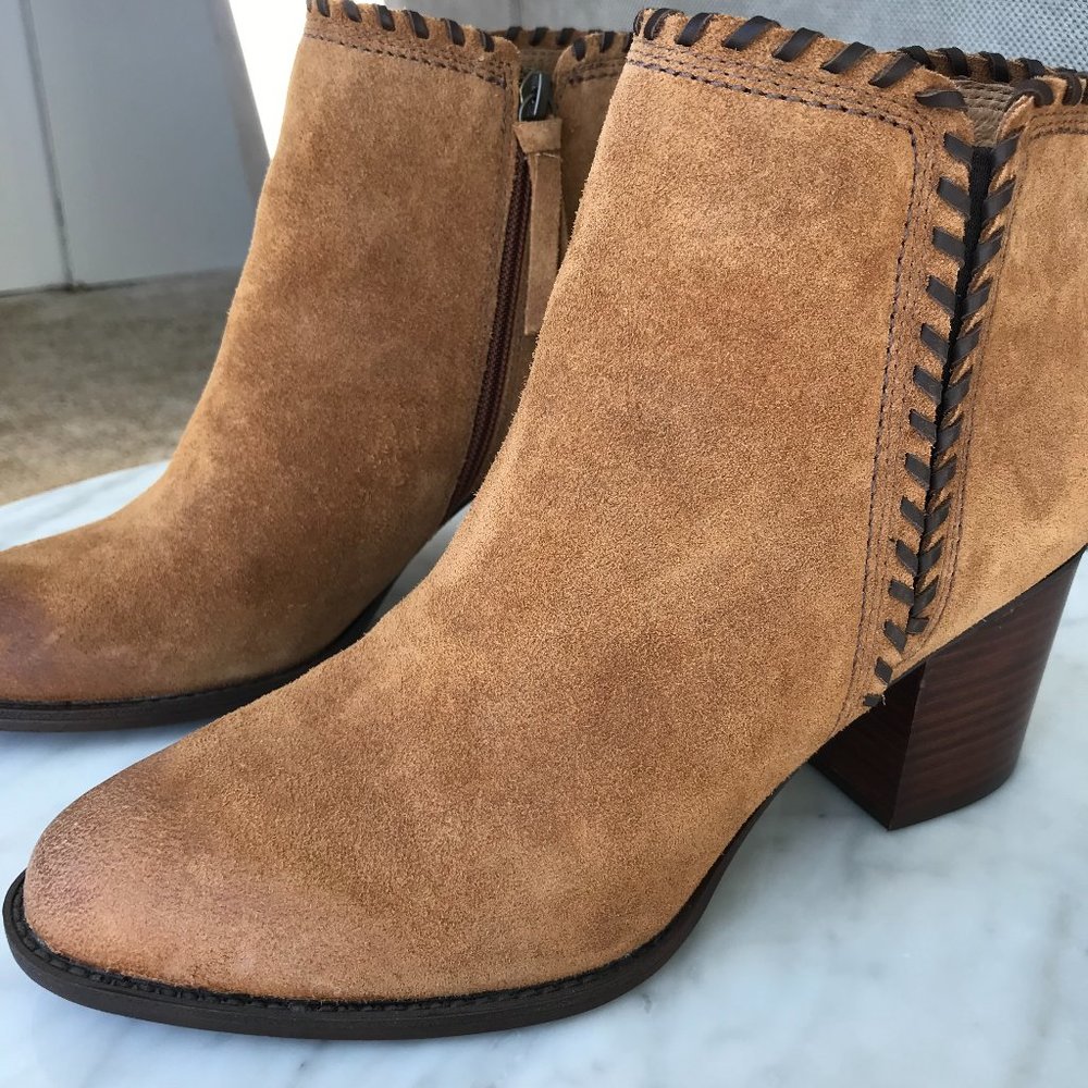 Sofft Tan Suede Ankle Booties with Braided Trim